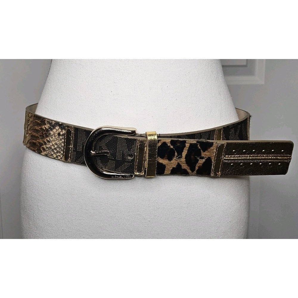 Michael Kors Womens Leather Belt Multi Texture MK Logo Animal Print Medium Gold